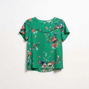 Lily White Green Floral Bird Print Blouse Size M